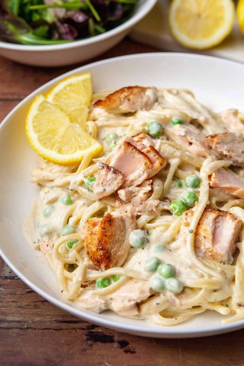 Creamy Salmon Pasta is an easy stovetop dinner made with zesty herb sauce, peas, and the perfect amount of garlic. Flavorful and delicious! Salmon Pasta Recipe, Creamy Salmon Pasta, Salmon Pasta Recipes, Gluten Free Salmon, Creamy Salmon, Pasta With Peas, Dinner Then Dessert, Pasta Varieties, Sauce For Salmon