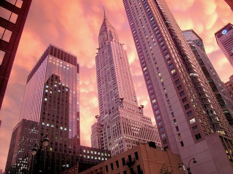 *🇺🇸 Chrysler Building sunset (New York City, NY) by Mitch Waxman 🏙🌅 Aesthetic New York City, Aesthetic New York, Rose Gold Aesthetic, San Myshuno, Gold Aesthetic, City Vibe, Pastel Pink Aesthetic, Photo Wall Collage, Pink Walls