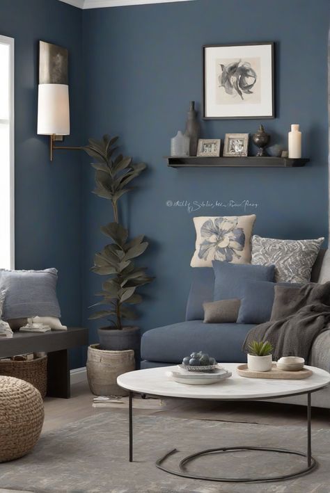 Transform your walls into deep elegance with Charcoal Blue (SW 2739)! Discover a daily interior design routine to elevate your space in 2024. #Ad #homedecor #homedesign #wallpaints2024 #Painthome #interiorarchitecture Wall Colors Green Living Room Colors Bright Living Room Colors Apartment Renovation Living room Remodeling Modern Paint Colors 2024 Sky Blue Wall Paint Living Rooms, Blue Paint For Living Room Walls, Blue Accent Wall Living Room Fireplace, All Blue Living Room, Blue Living Room Color Scheme Walls, Slate Blue Living Room Walls, Living Room Dark Blue Walls, Steel Blue Living Room, Trending Living Room Colors