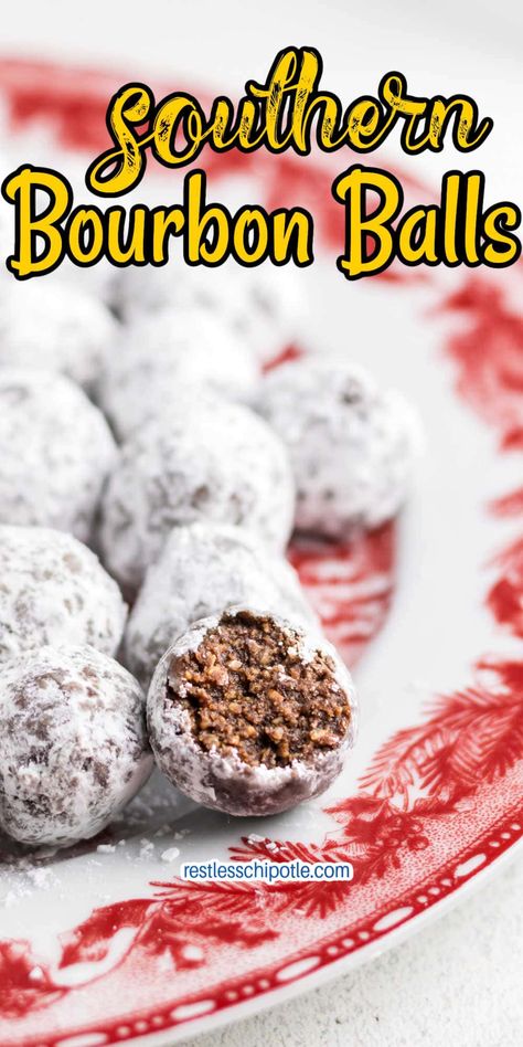 Bourbon Candy Recipes, Boozy Balls Holidays, No Bake Booze Balls, Boozy Holiday Desserts, Ball Cookies Recipes, Bourbon Balls Recipe Easy, Rum Balls No Bake, Whiskey Balls Recipe, Boozy Truffles