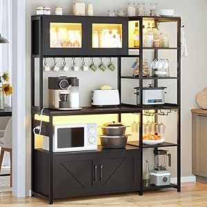 Itaar Bakers Rack with Power Outlet and LED Light, 45.3 Inch Farmhouse Coffee Bar Cabinet, Kitchen Microwave Stand with Storage, Glass Cabinet, Goblet Holder and 8 Hooks, Black Kitchen Microwave Stand, Bar Cabinet Kitchen, Coffee Bar Cabinet, Kitchen Microwave, Coffee Bar Station, Farmhouse Coffee Bar, Microwave Stand, Farmhouse Bar, Farmhouse Cabinets