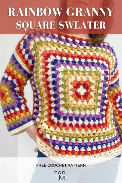 The Rainbow Granny Square Sweater is an easy to make and even easier to wear beginner crochet garment that you will love! Simply make 4 granny squares and seam them together with a few details to create a stunning crochet box sweater that you will wear every season. With endless colour possibilities you can make yours unique and it’s perfect for yarn stash busting too! In sizes XS-3X. A quick and easy crochet project perfect for Pride! #grannysquare #pride #crochetsweater Grabby Square Sweater, Granny Squares Sweater Pattern, Easy Crochet Granny Square Sweater, Crochet Granny Square Jumper Pattern, Granny Square Clothing Patterns Free, Crochet Granny Square Sweater Free Pattern, Easy Granny Square Sweater, Easy Granny Square Cardigan, Crochet Sweater Squares