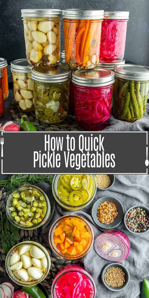 Pickled vegetables are a staple at every meal. This quick pickle recipe will show you how to pickle any vegetable you want in no time at all. We'll show you how to make quick pickled vegetables with a basic pickling brine recipe and lots of options for pickled vegetables recipes. Basic Pickling Brine Recipe, Pickling Brine Recipe, Pickled Veggies Recipe, Pickling Brine, Pickle Vegetables, Quick Pickle Recipe, Quick Pickled Vegetables, Quick Pickle, Easy Pickling Recipes