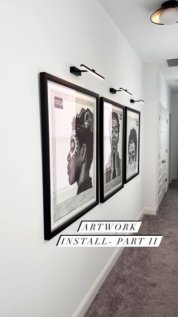 Black Art In Living Room, Art Gallery Wall With Lights, Frames On Wall With Lights, Art Wall With Lights, Wall Lights Over Pictures, Wall Lights For Pictures, Artwork With Light Above, Amazon Picture Light, Lights Over Artwork