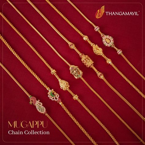 A fusion of craftsmanship and sophistication. Elevate your style effortlessly with our diverse range of gold chains. From sleek minimalism to intricate patterns, find the perfect chain to complement your style. #Thangamayil #GoldGlamour #CraftedElegance #StyleStatements #ThangamayilJewellery #GoldChainCollection #LuxuryDesigns #TimelessBeauty #Trending #Insta #Fashion Mugappu Designs Chains, Mangalya Chain Designs Gold, Mugappu Designs, Mugappu Chain, Thali Chain, Ring Jewellery Design, Gold Jewellry, Mehndi Designs Front Hand, Cute Engagement Rings