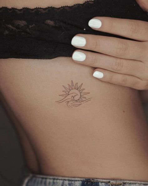 Wave And Sun Tattoo, Simple Lion Tattoo, Nautical Compass Tattoo, Small Beach Tattoos, Beachy Tattoos, Starfish Tattoo, Wave Tattoo Design, Moon Sun Tattoo, Shell Tattoos