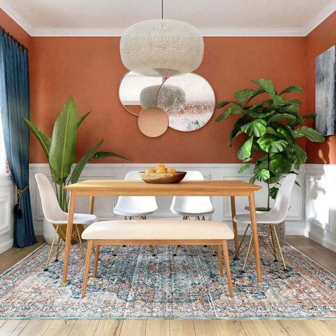 Boho Dining Room Colorful, Room Inspo Terracotta, Terracotta Dining Room Ideas, Boho Dining Room Colors, Terra Cotta Walls Living Rooms, Terra Cotta Dining Room Walls, Boho Colorful Office, Boho Dining Room Paint Colors, Terra Cotta Room Decor