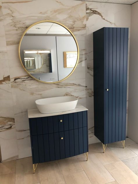 Dansani Vintage grooved vanity unit, brass, blue Navy Cabinets Bathroom, Blue And Beige Bathroom, Navy Bathroom Vanity, Vanity Unit Design, Small Bathroom Design Ideas, White Bathroom Furniture, Navy Bathroom, Corner Vanity Unit, Kohler Bathroom