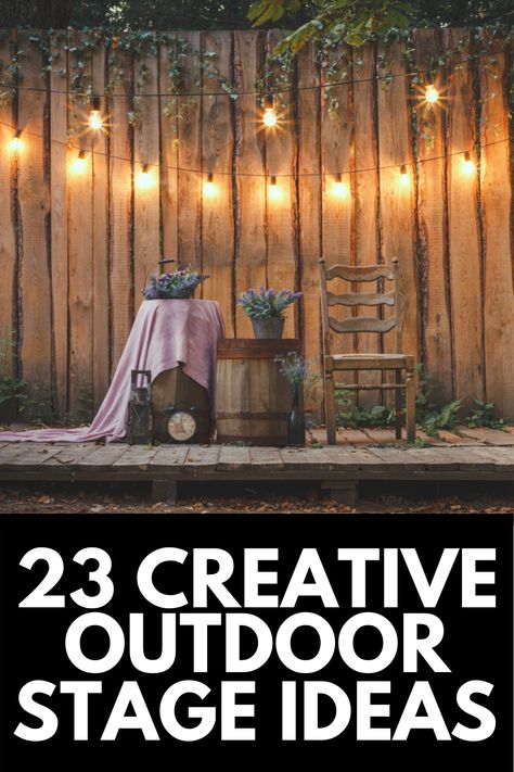 An outdoor stage is a super fun, creative, and useful focal point for your next outdoor event, and in this article, we take a look at 23 of the most creative outdoor stage ideas out there! Read more at OwnTheYard.com! Backyard Stage Diy, Backyard Karaoke Stage, Outdoor Concert Decorations, Outdoor Band Stage, Backyard Music Stage, Pallet Stage Platform, Backyard Concert Ideas, Outdoor Set Design, Boho Stage Design