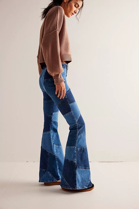 We The Free No Boundaries Pieced Jeans | Free People Patchwork, Patchwork Jeans Outfit, Flare Jeans Outfit, Unique Jeans, Patch Pants, Boho Jeans, Denim Flare Jeans, Clothing Staples, Patchwork Print