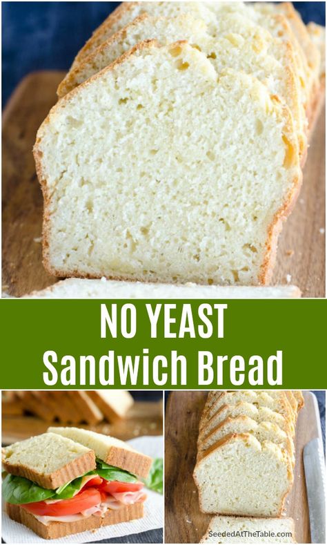 Want to make bread but have no yeast? This homemade sandwich bread recipe proves EVEN YOU you can make delicious sliced bread without yeast! Yeast Sandwich Bread, Quick Sandwich Bread, Easiest Bread Recipe No Yeast, Homemade Bread Without Yeast, Yeast Free Recipes, Pinterest Collage, Bread Without Yeast, Homemade Sandwich Bread, Sandwich Bread Recipe