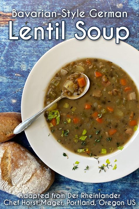 Savory and satisfying, this classic Bavarian-style lentil soup with vegetables is simmered in a hearty beef and bacon base. Adapted from Chef Horst Mager's original recipe, as served at the Rheinlander Restaurant in Portland, Oregon [1963-2017]. Bavarian Lentil Soup, German Lentil Soup, Lentil Soup Crockpot, Soup With Vegetables, Vegan Butternut Squash Soup, Healthy Vegan Dinner Recipes, Soup Ideas, Lentil Soup Recipes, Instant Pot Soup Recipes