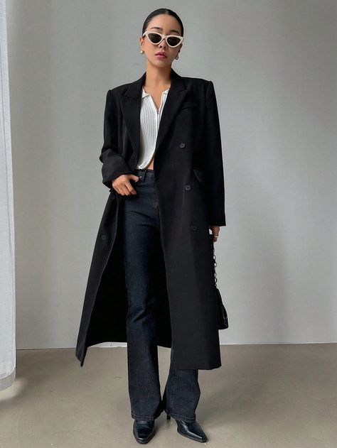 DAZY Lapel Neck Double Breasted Belted Longline CoatI discovered amazing products on SHEIN.com, come check them out! Long Blazer Coat Outfit, Longline Coat, Women Coats, Oversized Coat, Black Coat, Long Coat, Long A Line, Amazing Products, Woven Fabric