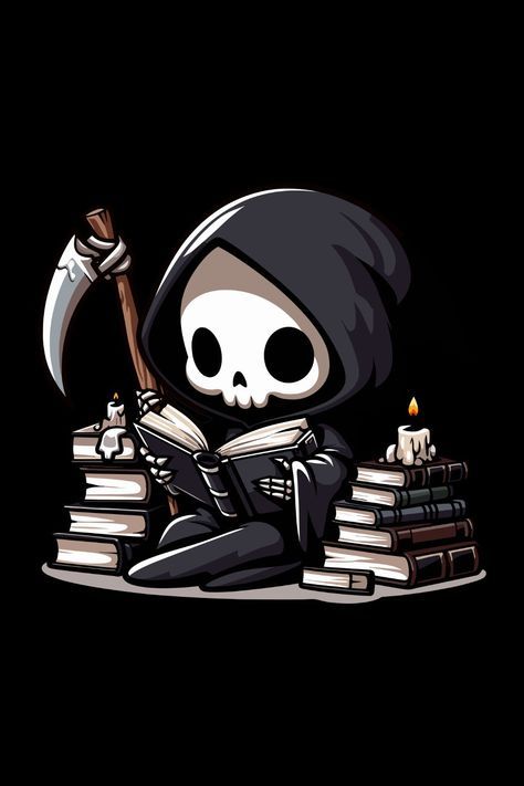 Funny Horror Art, Gothic Cute Art, Horror Cute Art, Cartoon Grim Reaper Tattoo, Cute Gothic Art, Kawaii Horror Tattoo, Cute Skull Art, 3 Friends Art, Horror Illustration Art