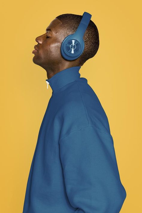 Man wearing blue headphones and outfit | premium image by rawpixel.com / McKinsey Man Listening To Music, Man Profile, Blue Headphones, Headphone Outfit, Stock Photos People, Music Photoshoot, Streetwear Photoshoot, Men Fashion Photoshoot, Wearing Headphone