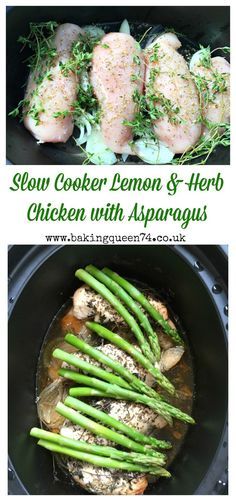 Slow Cooker Lemon and Herb Chicken with Asparagus - so easy and perfect for Spring! No need to put away your slow cooker in the warmer months Lemon And Herb Chicken, Slow Cooker Lemon Chicken, Chicken With Asparagus, Chicken And Asparagus, Vegan Steak, Lemon Herb Chicken, Paleo Crockpot, Chicken Asparagus, Slow Cooked Meals