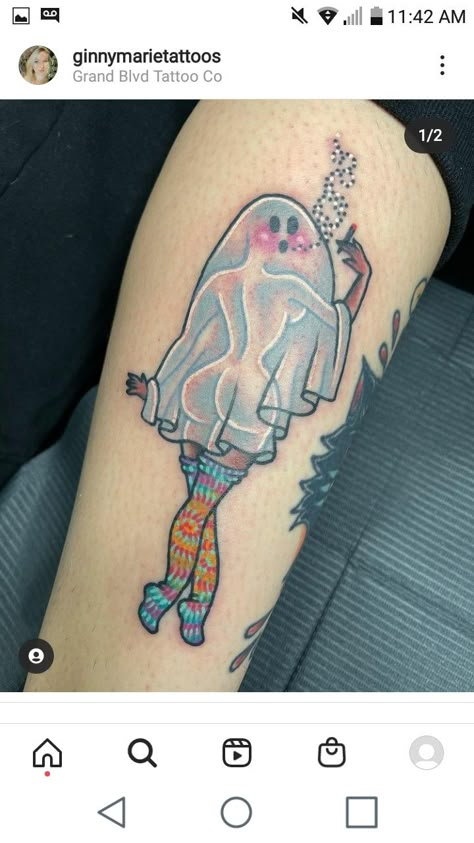 Pin Up Ghost Tattoo, Ghost Bee Tattoo, Pinup Ghost Tattoo, Ghost Girl Tattoo, Halloween Pin Up Tattoo, Ghost Pinup Tattoo, Halloween Leg Sleeve, Mini Halloween Tattoos, Cute Horror Tattoo