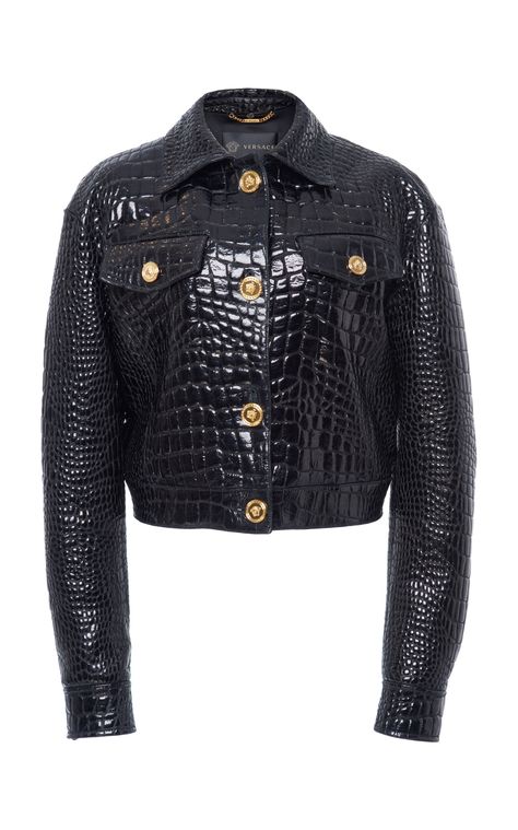 Versace - FW19 | Cropped black crocodile embossed leather jacket ($4,395) Night Snap, Versace Leather Jacket, Crocodile Tears, Versace Jacket, Designer Leather Jackets, Versace Fashion, Cropped Leather Jacket, Versace Outfit, Dressed To Kill