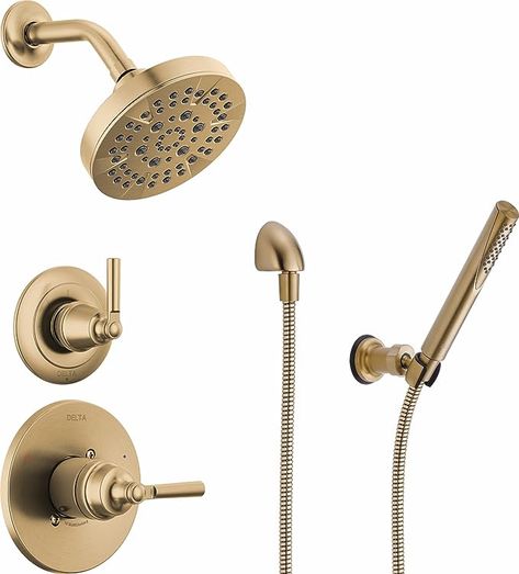 Delta Champagne Bronze Bathroom, Delta Shower Fixtures, Bronze Shower Fixtures, Delta Trinsic Champagne Bronze, Gold Shower Fixtures, Champagne Bronze Bathroom, Gold Bathroom Fixtures, Delta Champagne Bronze, Brass Bathroom Fixtures