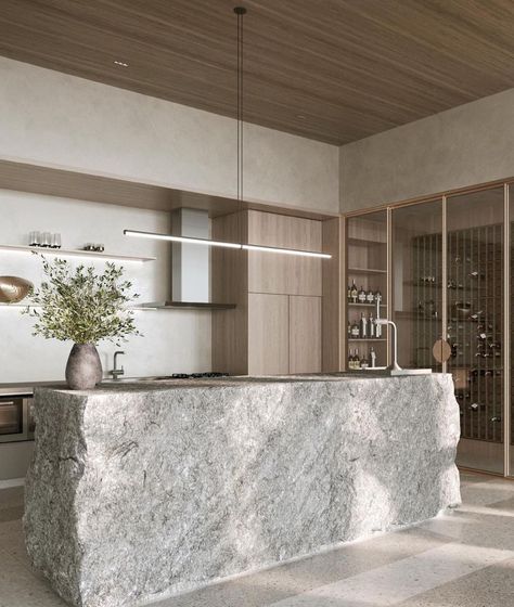 Natural Asthetik on Instagram: “It’s the stone island for me 🤍 Development @plaenge.londrina Design by @lw.designgroup Architecture by @studioronaldorezende…” Wabi Sabi Kitchen, Stone Kitchen Island, Kitchens Design, Stone Interior, Stone Kitchen, Dream Kitchens, Island Ideas, Counter Tops, Minimalist Kitchen