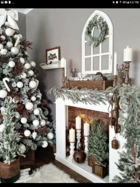 White Country Christmas Decor, White Christmas Tree Rustic, Winter Deer Decor, Wood And White Christmas Decor, Farmhouse Fireplace Christmas Decor, White Theme Christmas Decor, White And Wood Christmas Decor, Rustic Christmas Fireplace Decor, Rustic Neutral Christmas Decor