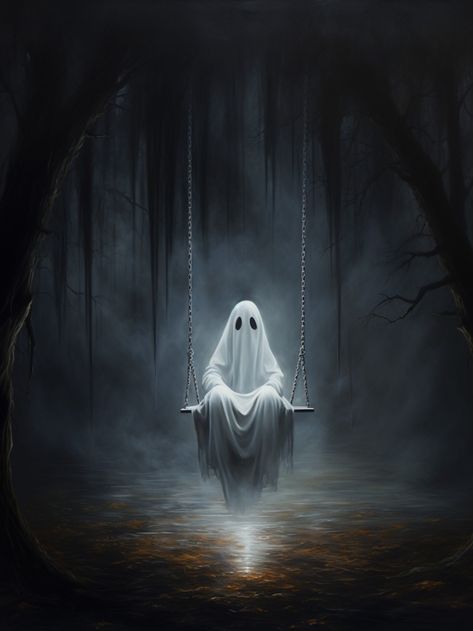 An oil painting of a ghost on a swing in a dark forest. Cute Halloween Art Drawing, Ghost Drawing Ideas, Ghost Art Cute, Cottagecore Artwork, Cute Halloween Pictures, Ghost Artwork, Ghosts Art, Haunted House Drawing, Ghost Paintings