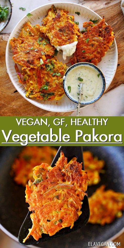 These mixed vegetable pakora are super crispy outside and tender in the middle, but pan-fried to use minimal oil! Use your favorite vegetables in a flavorful chickpea flour batter for a gluten-free, vegan snack or appetizer! #pakora #vegetablepakora #Indianfritters #veggiefritters #vegetablefritters #elasrecipes | elavegan.com Chickpea Flour Recipes, Vegetable Pakora, Gluten Free Vegetables, Veggie Fritters, Vegetable Pancakes, Vegan Indian Recipes, Pakora Recipes, Vegan Snack, Fritter Recipes