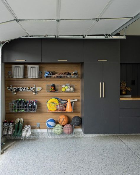 JESSICA AKEMON (@mrsjessicadarling) | Instagram Garage Work Shop Ideas, Garage Storage Around Fridge, Third Car Garage Ideas, 2 Car Garage Renovation, Garage Cabinet Ideas Design, Chic Garage Ideas, Finished Garage Storage, Garage Gym And Storage Ideas, Modern Garage Storage Ideas