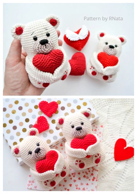 Patrones de amigurumi de oso de peluche de San Valentín de ganchillo Crochet Bear With Heart, Crochet Valentine Gift Ideas, Valentine Day Crochet Patterns, Valentine's Crochet Ideas, Crochet Valentine Amigurumi Free Pattern, Crochet Valentines Day Amigurumi Patterns Free, Valentine's Crochet Free Patterns, Crochet Valentine Patterns Free, Free Crochet Valentines Ideas