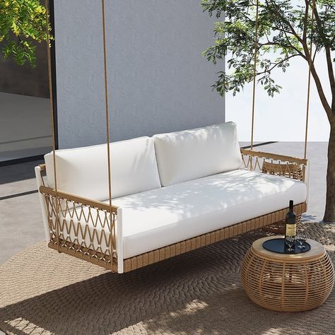 Ropipe Boho 2-Seater Khaki Woven Rope Outdoor Patio Swing Sofa with White Cushion Patio Swing, Bed Swing, Balcony Furniture, Swing Chair, Outdoor Swing, White Cushions, Lounge Chair Outdoor, Raised Beds, Swinging Chair