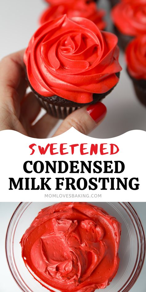 Have you ever made Sweetened Condensed Milk Buttercream? It’s great because it’s so quick and easy to make, yet looks very impressive and professional. Who knew you could mix just 3 ingredients – butter, shortening and sweetened condensed milk – and get such an amazingly smooth, silky texture of frosting as a result! Find the recipe on my site, plus the best homemade chocolate cupcakes recipe. #sweetenedcondensedmilkbuttercream #redfrosting #russianfrosting #buttercreamfrosting #easyrecipe Condensed Milk Buttercream Recipe, Frosting With Sweetened Condensed Milk, Condensed Milk Frosting Recipes, Condensed Milk Buttercream Frosting, Sweetened Condensed Milk Frosting, Condensed Milk Frosting, Condensed Milk Buttercream, Red Buttercream, Fondant Recipes