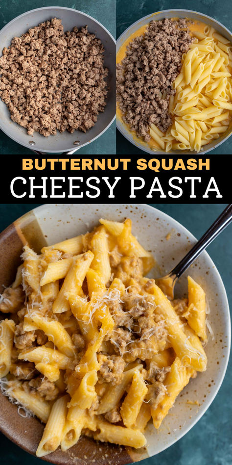 This Creamy Butternut Squash Pasta features juicy meat, tender penne, and a thick, cheesy sauce for the perfect comfort food! This pasta recipe is an easy weeknight meal everyone will love. Cheesy Butternut Squash Pasta, Butternut Squash Alfredo Pasta, Butternut Squash Beef Recipes, Dinners With Butternut Squash, Butternut Squash Spaghetti Sauce, Farmers Market Dinner Ideas, Ground Beef Butternut Squash Recipes, Butter Squash Pasta, Best Butternut Squash Pasta