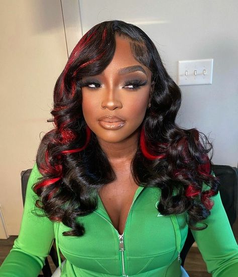 Black And Red Streaks Hair, Red Flip Over Quick Weave, Classy Wig Hairstyles, Black Hair With Red Highlights, 16 Nails, Black Red Hair, Wigs Black, Red Streaks, Frontal Wig Hairstyles