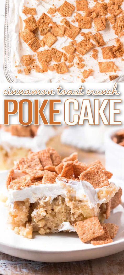 Cinnamon Toast Crunch Poke Cake Cinnamon Toast Crunch Cake, Cinnamon Toast Crunch Cereal, Easy Dump Cake Recipe, Poke Cake Recipe, Crunch Recipe, Dump Cake Pumpkin, Cinnamon Crunch, Crunch Cereal, Crunch Cake