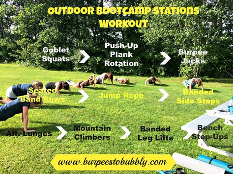 Stations Workout, Bootcamp Ideas, Plyo Workouts, Workouts Outside, Workout Stations, Love Handle Workout, Wednesday Workout, Boot Camp Workout, Group Fitness