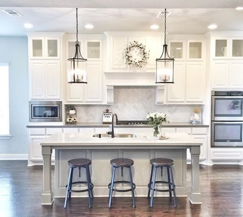 Extend cabinets to ceiling with glass cabinets. White Kitchen Black Pendant Lights, Cabinets To Ceiling, Double Ovens, Kitchen Retro, New House - Kitchen, New House Kitchen, White Kitchen Cabinets, Kitchen Redo, Updated Kitchen