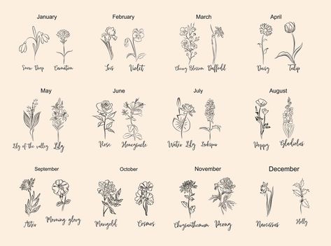 Birth Month Flower Tattoos With Names, Flower Meanings Chart, Birth Flower Chart, December Birth Flower, Flower Bouquet Tattoo, Free Birth, July Birth Flower, Tattoo For Boyfriend, January Birth Flowers