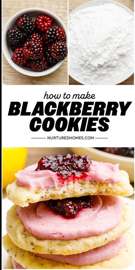 Frosted Lemon Blackberry Cookies - Nurtured Homes Blackberry Cookies Recipes, Lemon Blackberry Cookies, Blackberry Cookies, Homemade Blackberry Jam, Blackberry Jam, Lemon Cookies, Cream Cheese Frosting, Cookie Bars, Blackberry