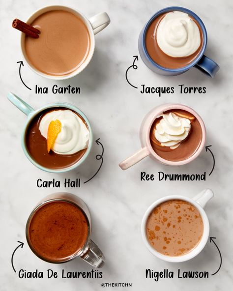 Overhead shot of six different hot chocolate recipes in assorted mugs on a white marble surface. Sleepy Hot Chocolate, Hot Cocoa Recipe With Powdered Milk, Bulk Hot Chocolate Recipe, Quick Hot Chocolate Recipe, Christmas Cocoa Recipe, Hot Chocolate From Cocoa Powder, Single Hot Chocolate Recipe, Spiced Hot Cocoa, Special Hot Chocolate