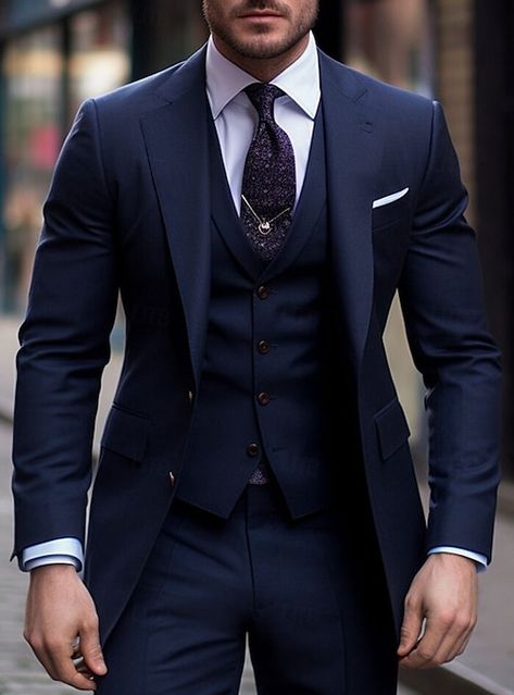 Mens Dress Suits Ideas, Dark Navy Blue Wedding Suit, Grooms Navy Blue Suit Wedding, Mens Blue Tux Wedding, Mens Suits Outfits, Men’s Blue Suits, Men’s Wedding Tux Styles, Navy Blue Wedding Suit Groom, Navy Blue Wedding Suit Groom Attire