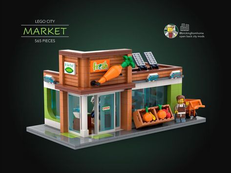 OverviewThis year we added a Fresh Market to our city.  This MOC is a modification of the 2022 grocery store (60347).  It retains some structural... Lego Bus, Big Lego Sets, Lego Airport, Lego Design Ideas, Lego Structures, Lego Train Tracks, Lego House Ideas, Big Lego, Lego Modular