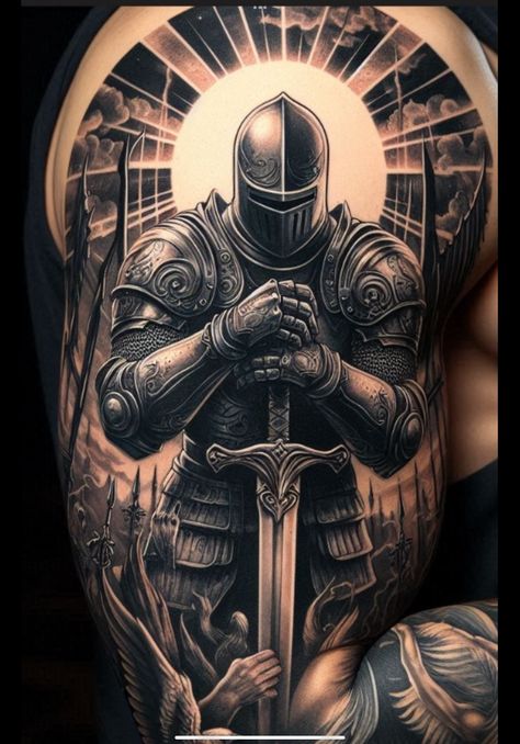 Shield Wall Tattoo, Knight Tattoo Design Warriors, Knight Sleeve Tattoo, Knight And Dragon Tattoo, Knight Forearm Tattoo, Knight Tattoo Sleeve, Christian Tattoos For Men Sleeve, Knight Tattoo Medieval, Christian Warrior Tattoo