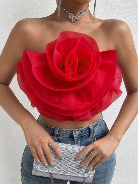 Crop Tube Top, Organza Flowers, Blouse Sale, Strapless Bandeau, Artist Outfit, Blooming Rose, Strapless Tops, Cropped Tube Top, Flower Decor