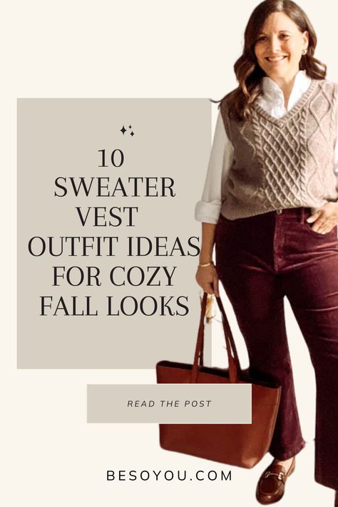 See 10 different sweater vest outfits that work for warmer fall days, polished work looks, and even nights out. Ladies Sweater Vest Outfit, How To Style A Cream Sweater Vest, Pull Over Vest Outfits For Women, What To Wear With Sweater Vest, Burgundy Sweater Vest Outfit, Styling A Sweater Vest Women, How To Wear Sleeveless Sweater, Brown Sweater Vest Outfits For Women, Styling Sweater Vest Women