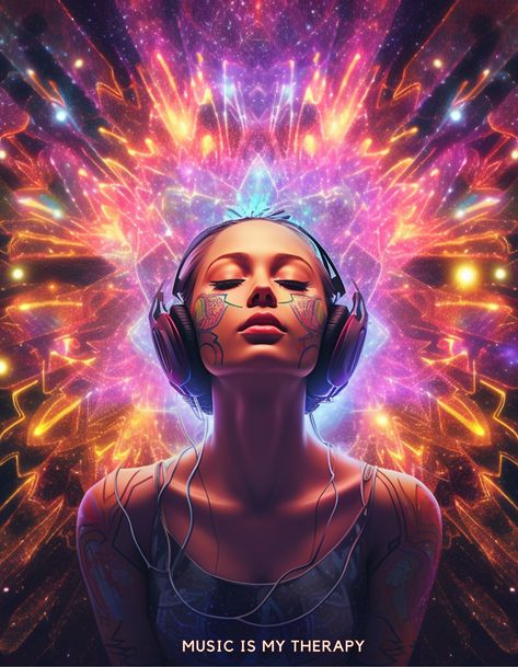 A digital art portrait of a woman listening to music on headphones Power Of Music Art, Music Fantasy Art, Music Is Therapy, Feel Good Music, Music Is My Therapy, Ethereal Music, Therapy Design, Spiritual Music, Power Of Music