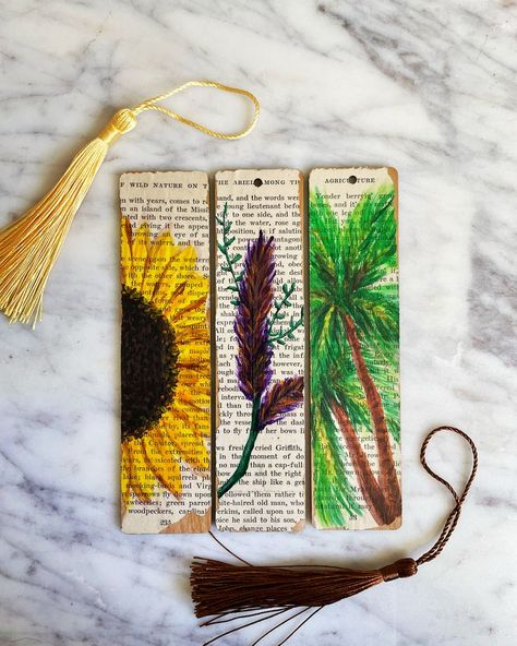 Wooden bookmarks decoupaged with upcycled book pages. Each botanical design is handpainted with acrylic. Laminate and cardstock bookmarks are high-quality prints of the original wooden versions.

Whichever style or material you choose, these bookmarks are durable and will accompany you on your many journeys and adventures to come (both real and between pages).

If you order a set of 3, you will receive one of each design. Wooden Bookmarks Decoupage, Diy Wooden Bookmark, Wooden Bookmark Ideas, Wood Bookmark Ideas, Wooden Bookmarks Diy, Old Books Crafts, Cool Bookmark Ideas, Painted Wooden Bookmarks, Paper Upcycling