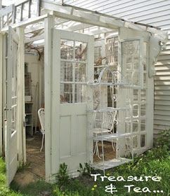 Outdoor Gazebo - built using salvaged windows and doors.  This is perfect! Jardin Style Shabby Chic, Chic Garden, Shabby Chic Garden, Greenhouse Plans, Outdoor Gazebos, Potting Sheds, Doors And Windows, Old Doors, Garden Structures