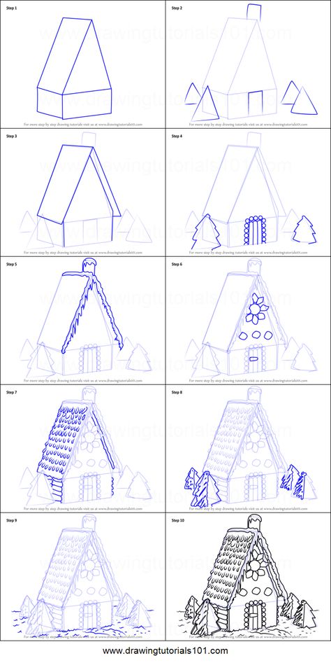 Draw Gingerbread House printable step ... House Tutorial Drawing, How To Draw A Cottage Step By Step, Drawing Houses Step By Step, Gingerbread Sketch, Draw Gingerbread House, How To Draw Houses, How To Draw A House, Christmas House Drawing, House Drawing Tutorial