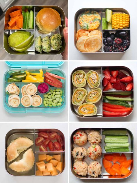 Bento box lunches are an easy way to pack a variety of healthy foods for preschool, kindergarten and beyond! Quick And Easy Bento Box Ideas, Bento Box Healthy Lunch, Bento Box Salad Ideas, Bento Healthy Lunch, Two Year Old Lunch Box Ideas, Healthy Breakfast Bento Box Ideas, Healthy Preschool Lunches, Healthy Lunch Box Ideas For Work, Bentobox Lunch For Adults