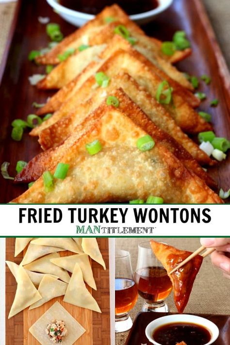 Turkey Wontons, Recipe Ground Turkey, Wonton Recipe, Turkey And Dumplings, Turkey Appetizers, Wonton Wrapper Recipes, Whiskey Glaze, Winter Holiday Recipes, Asian Appetizers